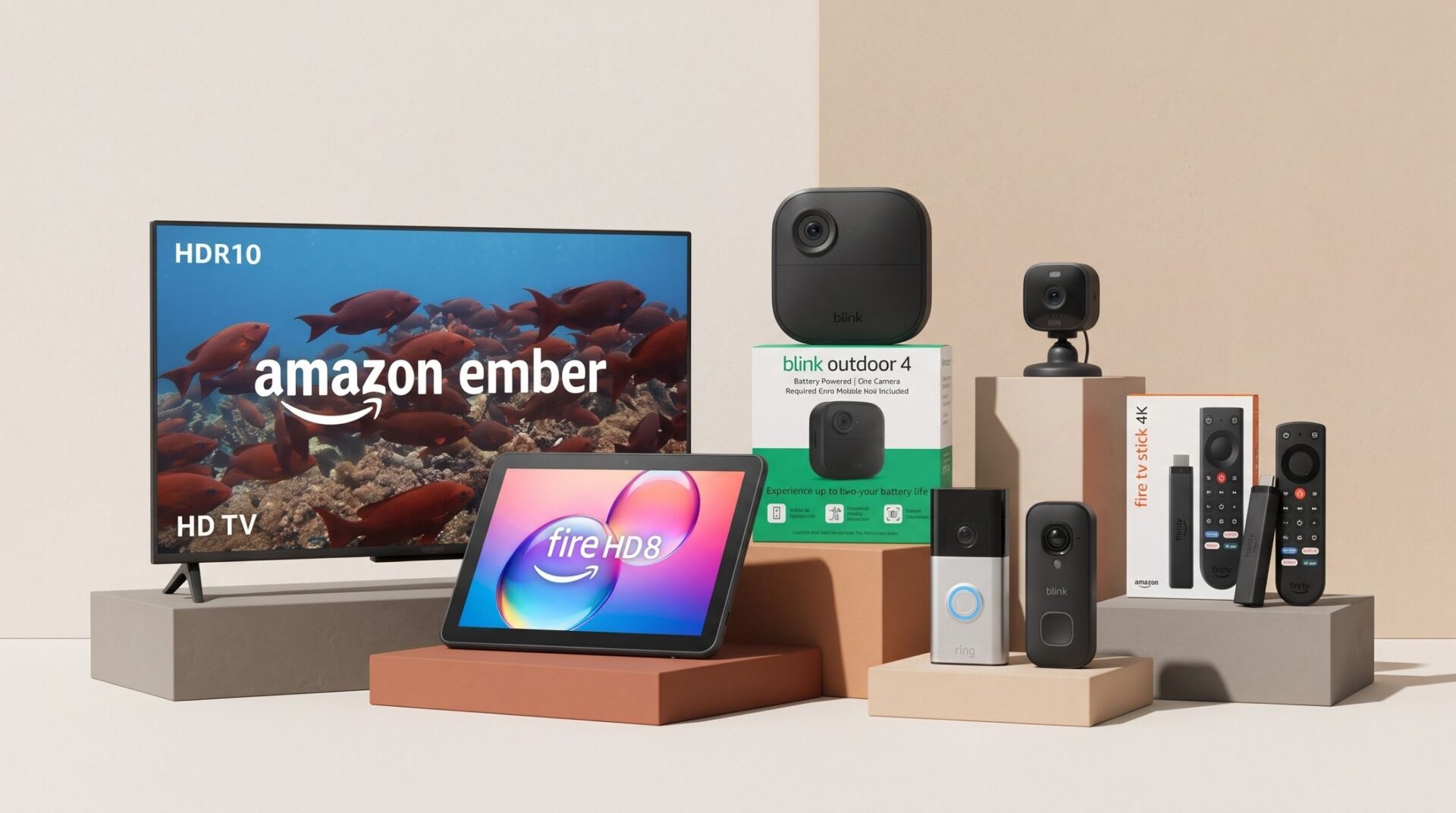 A collage of Amazon devices from the retailer's current sale, including Ember TVs, Fire TV sticks, Blink cameras and Ring doorbells.