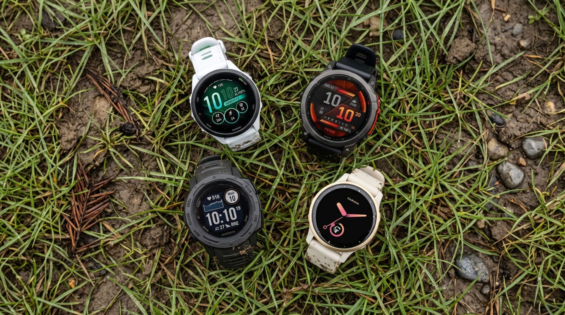 Four Garmin watches on a muddy grass background
