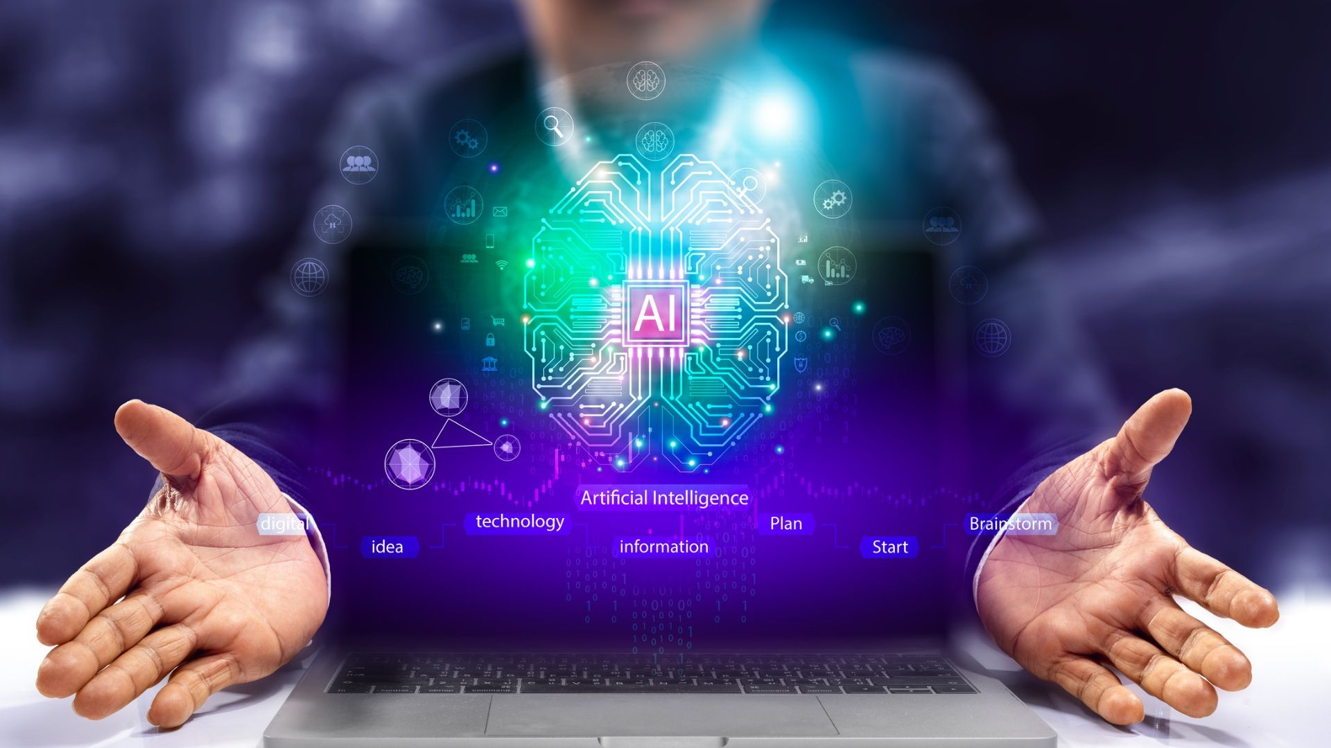 AI brain coming out of laptop screen