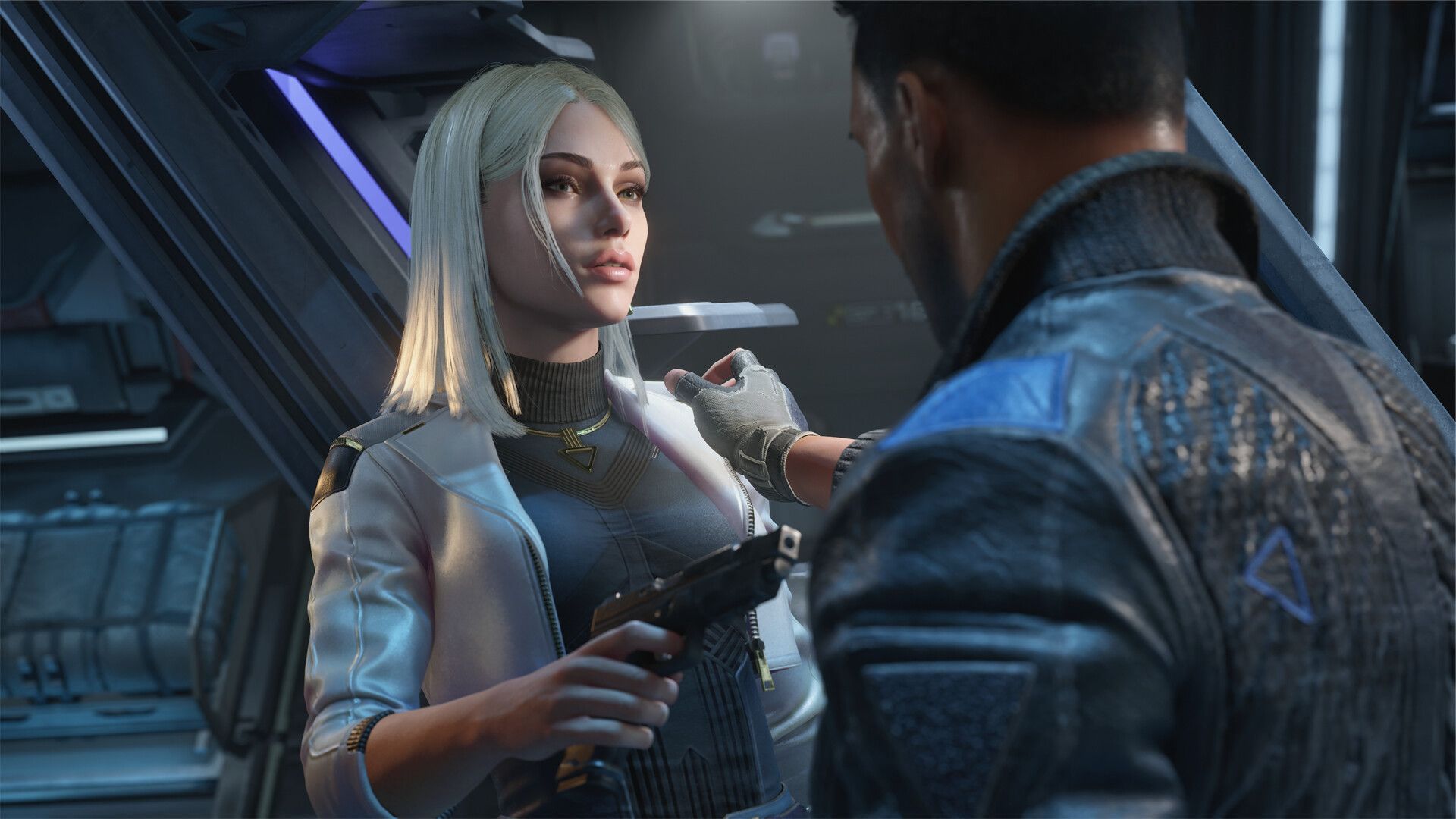 A screenshot from The Expanse Osiris Reborn showing two main characters, on holding a gun