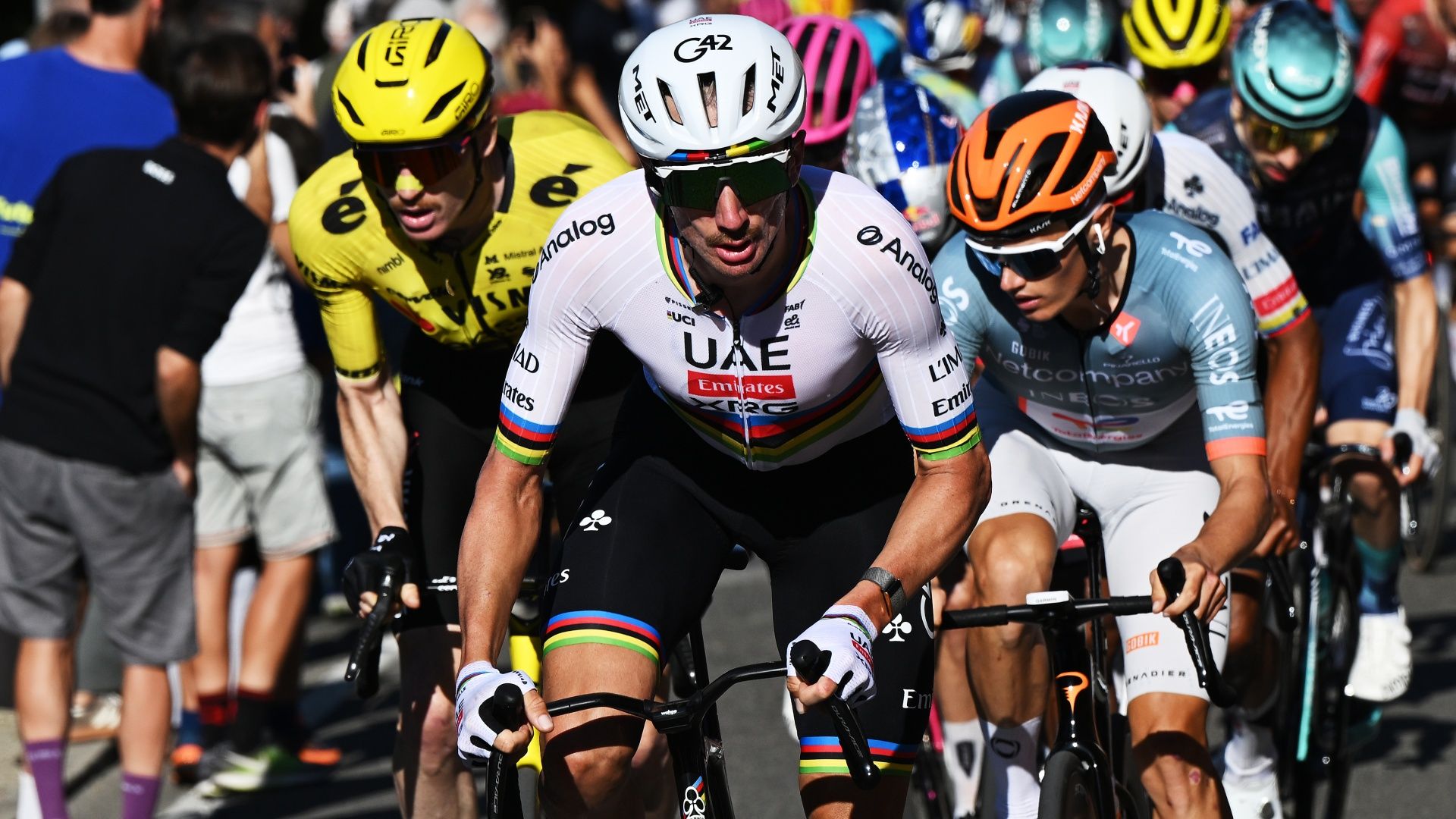 Brandon McNulty wearing the rainbow jersey during the 2026 Giro dell'Emilia