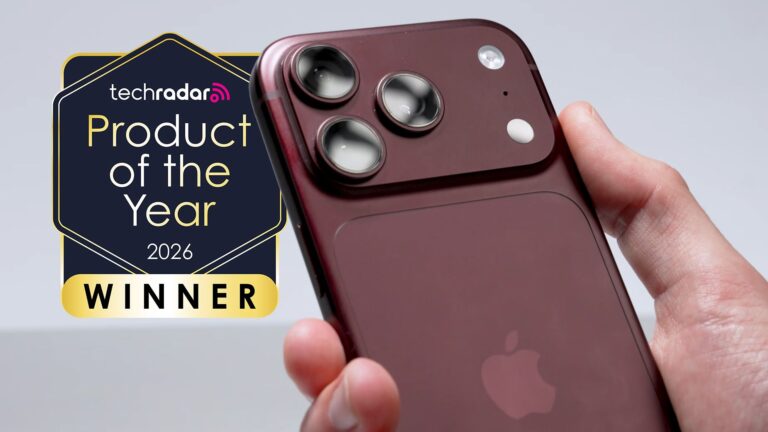 The iPhone 18 Pro held in a hand showing the camera, with a badge saying "TechRadar Product of the Year 2026 winner"
