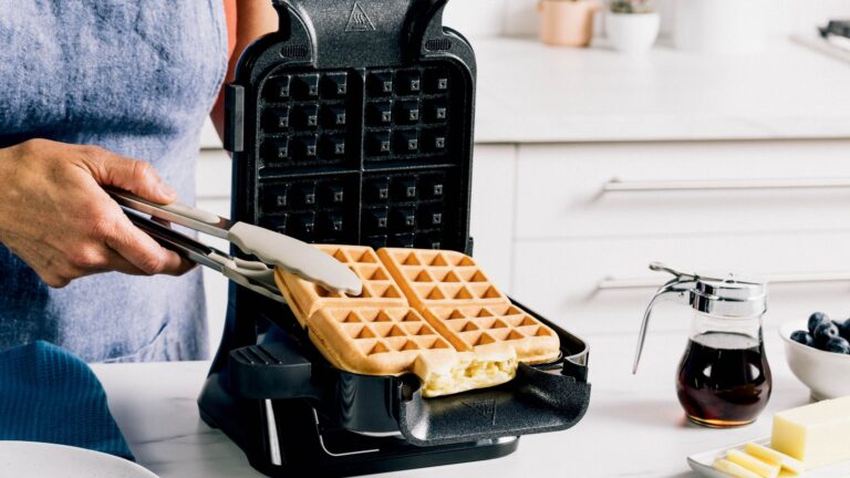 I’ve seen vertical waffle irons before, but Ninja’s new mess-free design is the first to make authentic square Belgian waffles