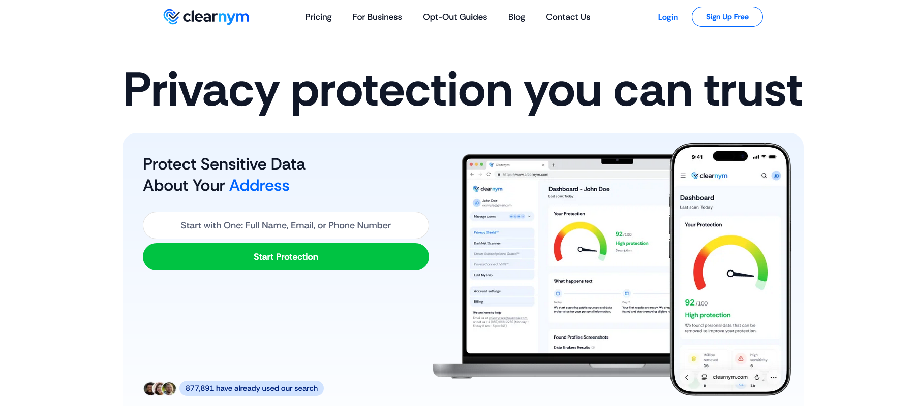 Website screenshot of ClearNym (June, 2026)