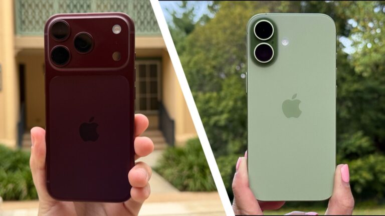 The iPhone 18 Pro in burgundy being held up alongside the iPhone 17 in green