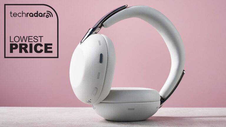 Sony 1000X The Collexion headphones on pink background with a badge that reads 'TechRadar: lowest price'