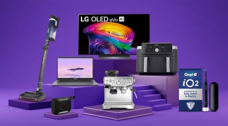 A collage of tech from the Currys Black Friday sale on a purple background, including LG, Shark, Asus, JBL, Sage, Ninja, and Oral-B.